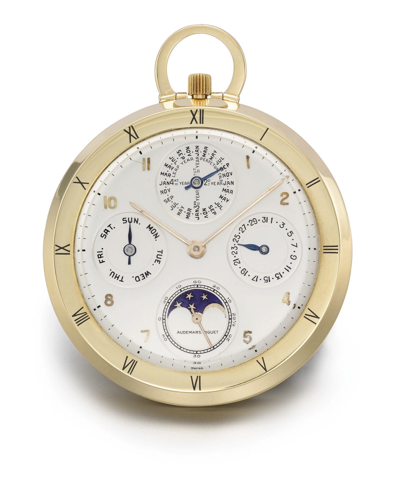 Audemars Piguet. A fine and unusual 18K gold perpetual calendar keyless lever watch with phases of the moon