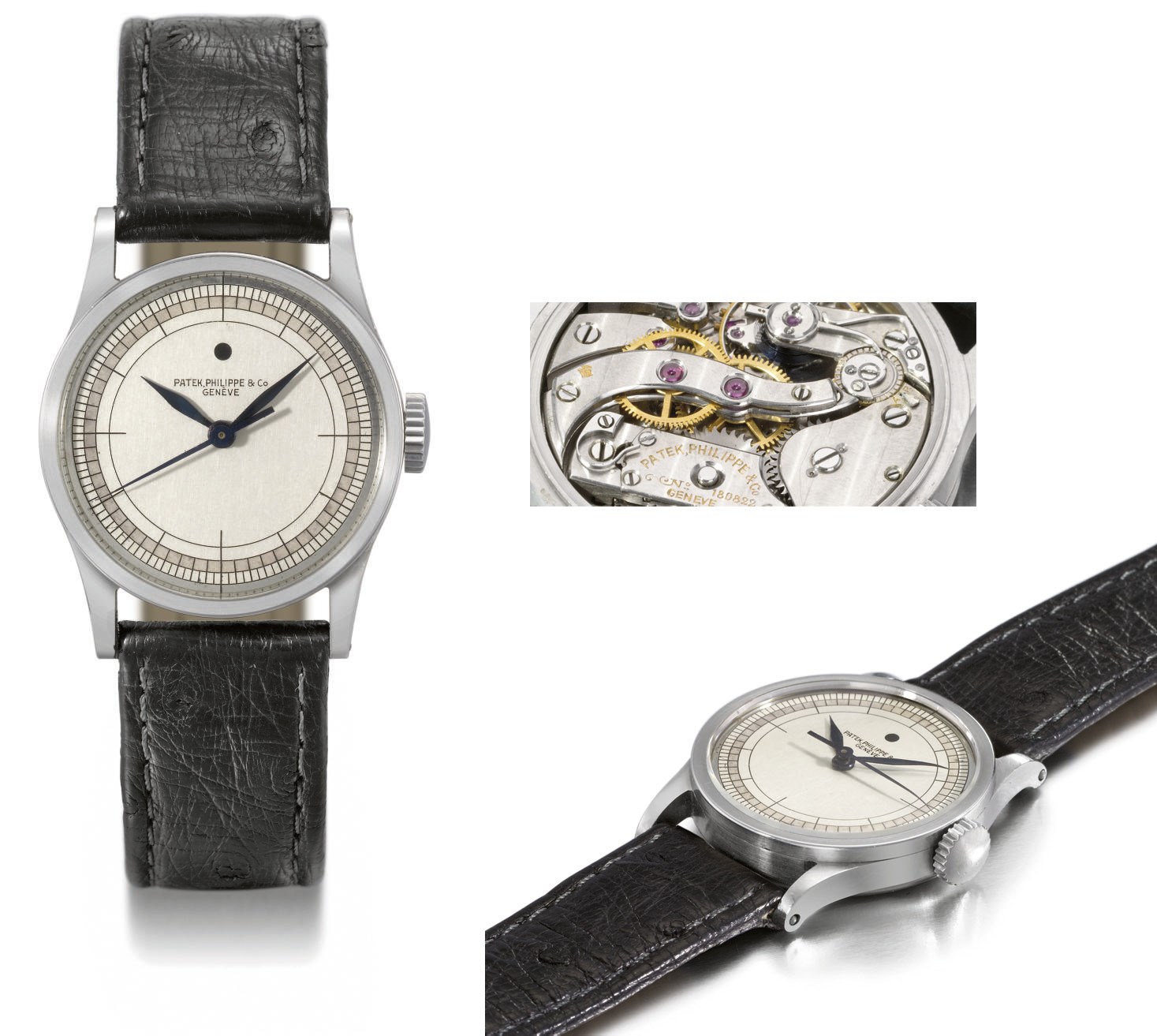 Patek Philippe. An extremely fine, rare and possibly unique stainless steel wristwatch with sweep centre seconds and unique three-tone silvered "Margraf" dial