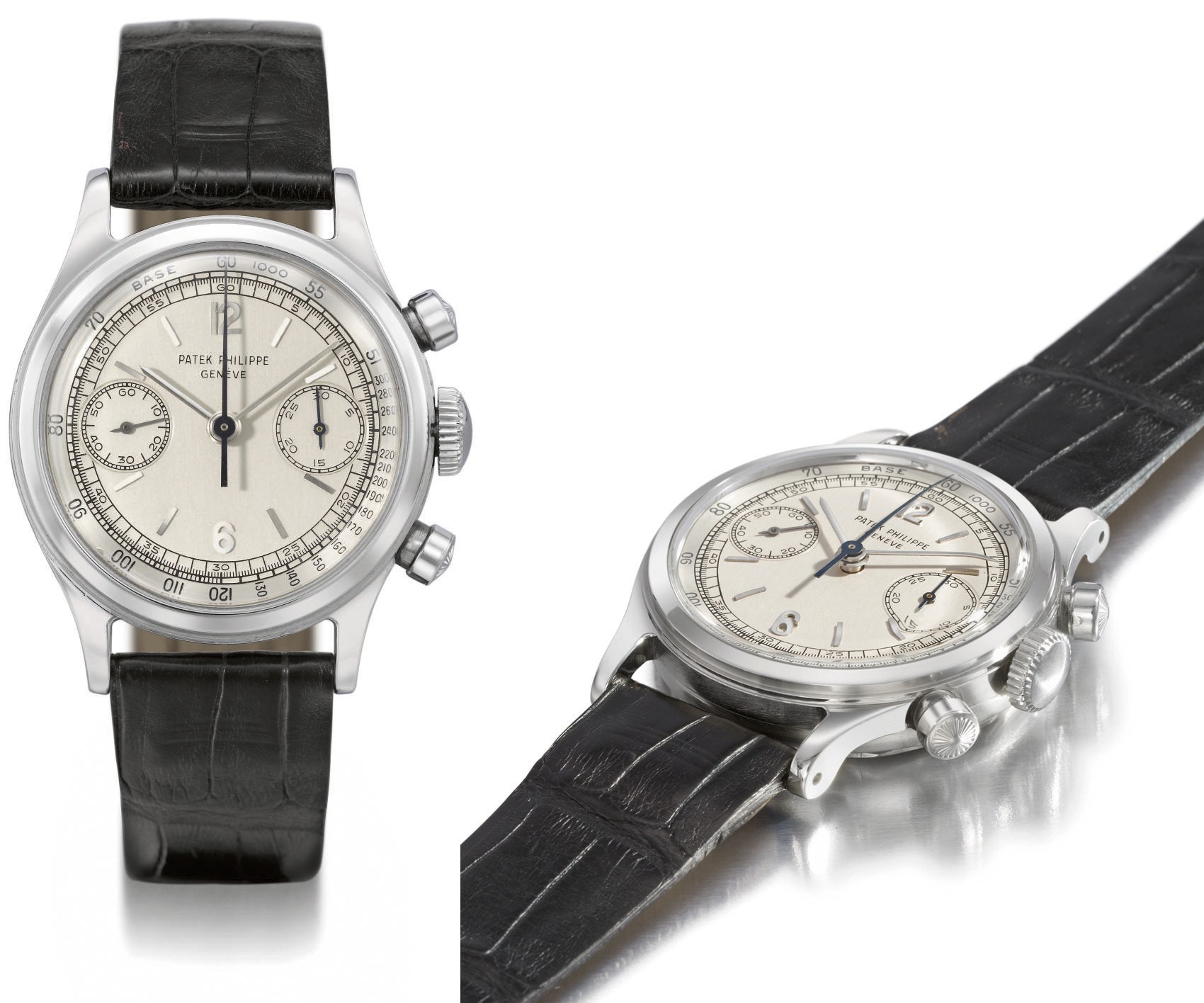 Patek Philippe. An extremely fine, rare and attractive stainless steel water-resistant chronograph wristwatch with two-tone silvered dial