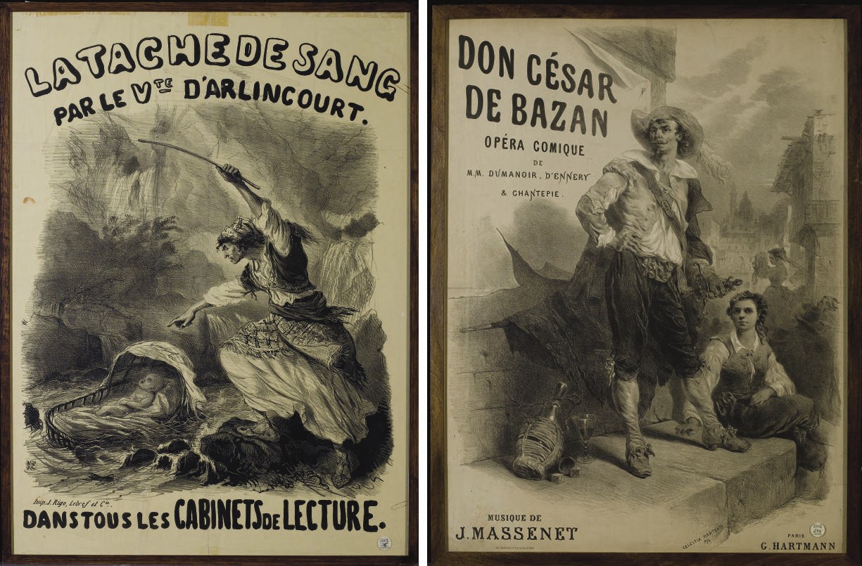 AFFICHES ROMANTIQUES. Importante réunion de 30 affiches de librairie, la plupart lithographiées, pour des ouvrages de Doré, d'Arlincourt, Enault, Grandville, Féval, Béranger, etc. BEL ENSEMBLE TRÈS DÉCORATIF. Lot vendu en l'état. Non examinées hors de leur cadre.	 (30)