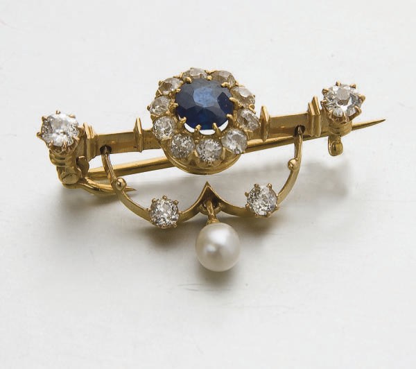 BROCHE SAPHIR, PERLE ET DIAMANTS