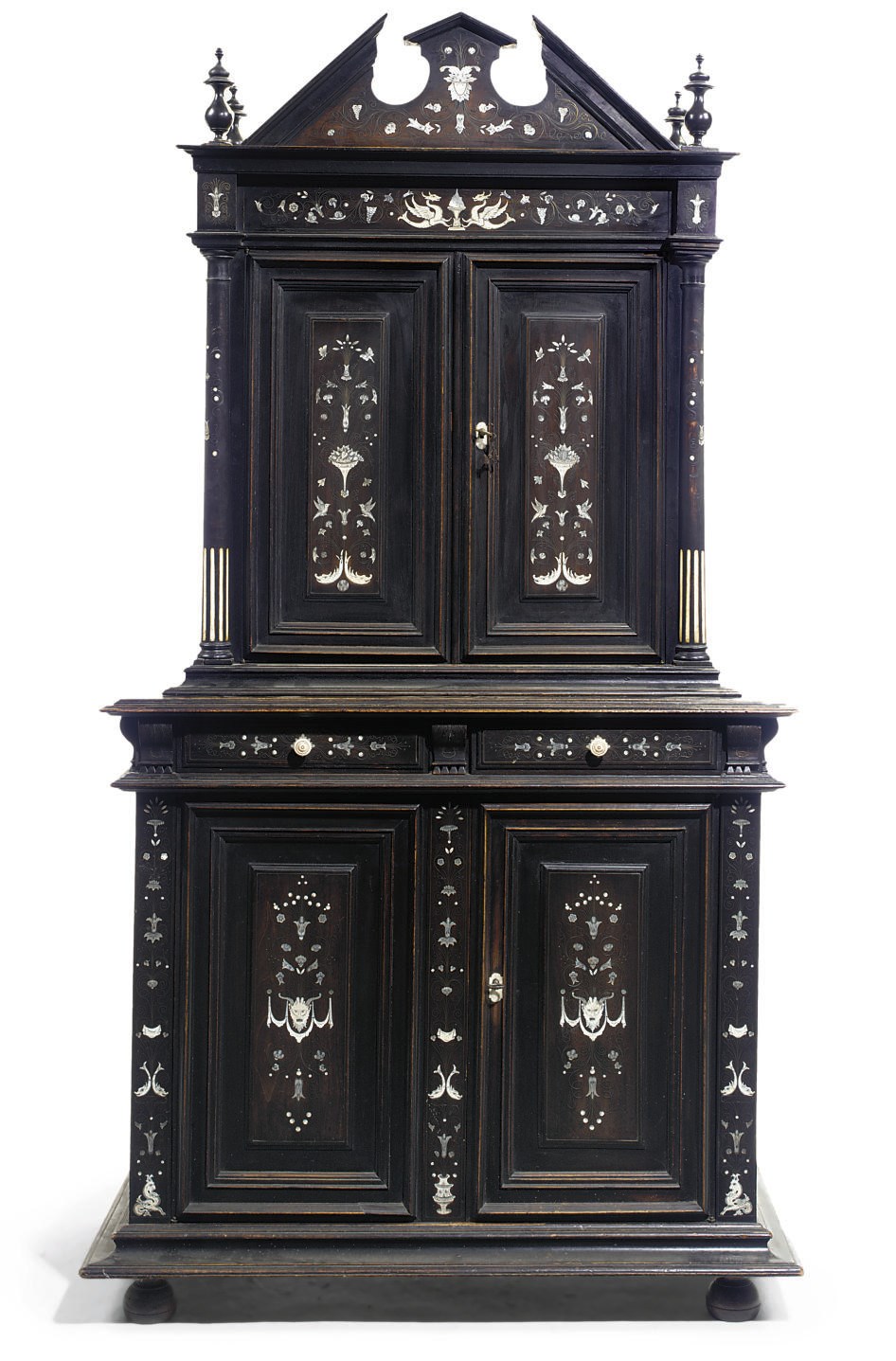 A NORTH ITALIAN MOTHER-OF-PEARL AND BONE INLAID EBONISED CABINET