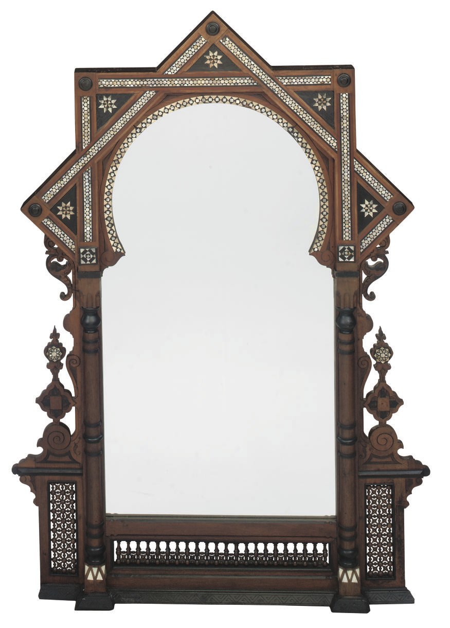 A SYRIAN HARDWOOD, MOTHER OF PEARL AND BONE INLAID MIRROR