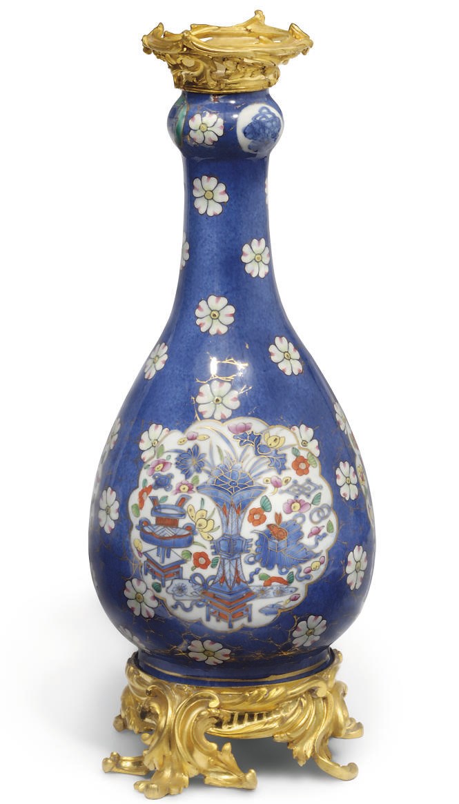 A Chinese clobbered bottle vase with ormulu mounts