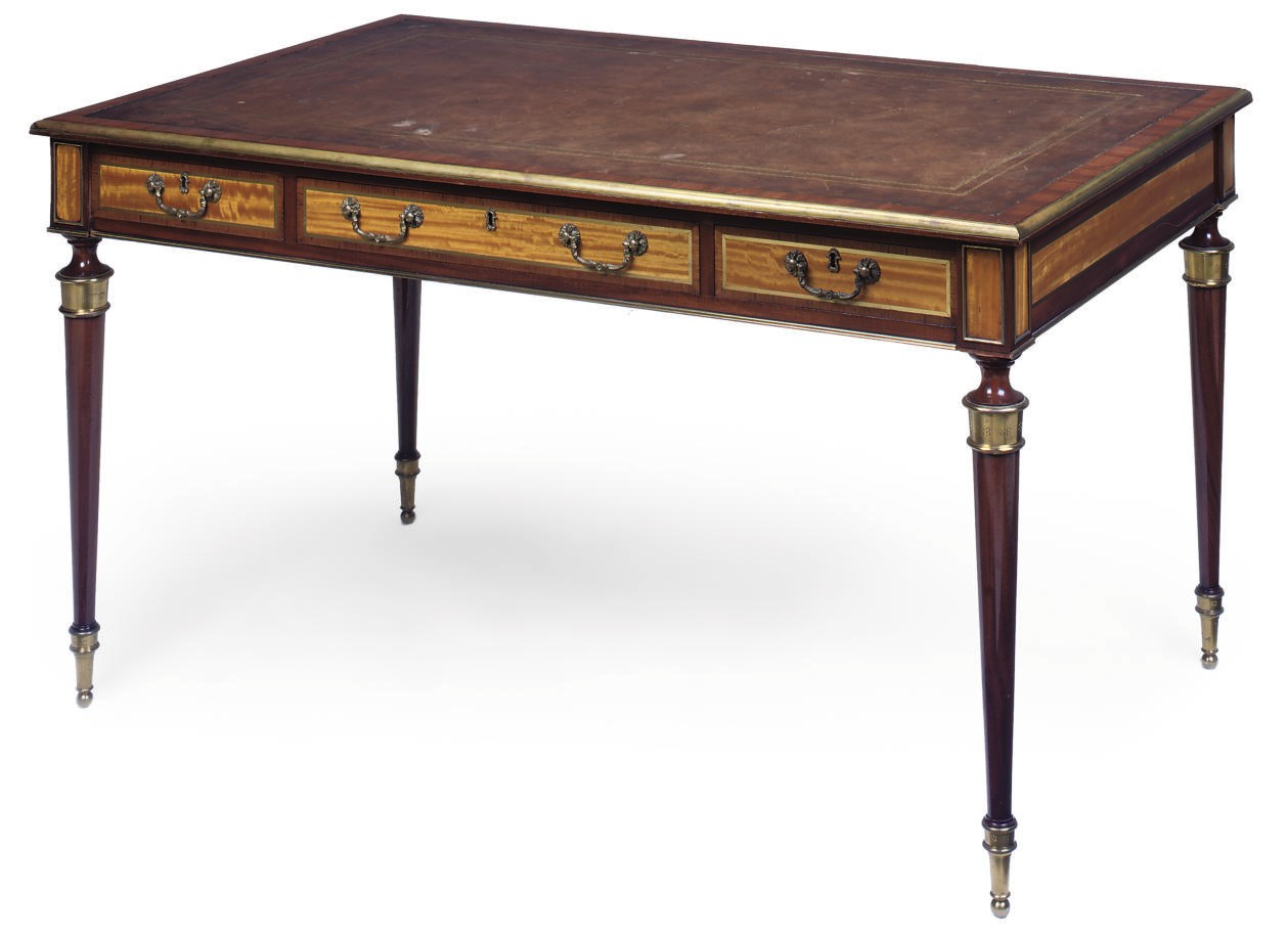 A GILT METAL MOUNTED MAHOGANY AND SATINWOOD BUREAU PLAT