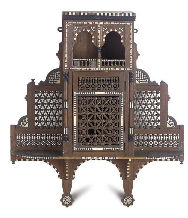 A SYRIAN HARDWOOD AND MOTHER OF PEARL INLAID HANGING SHELVES