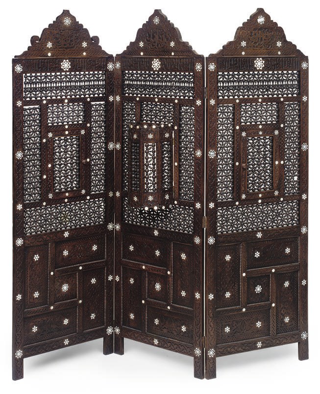 A SYRIAN MOTHER-OF-PEARL INLAID BOBBIN-TURNED THREE-FOLD SCREEN