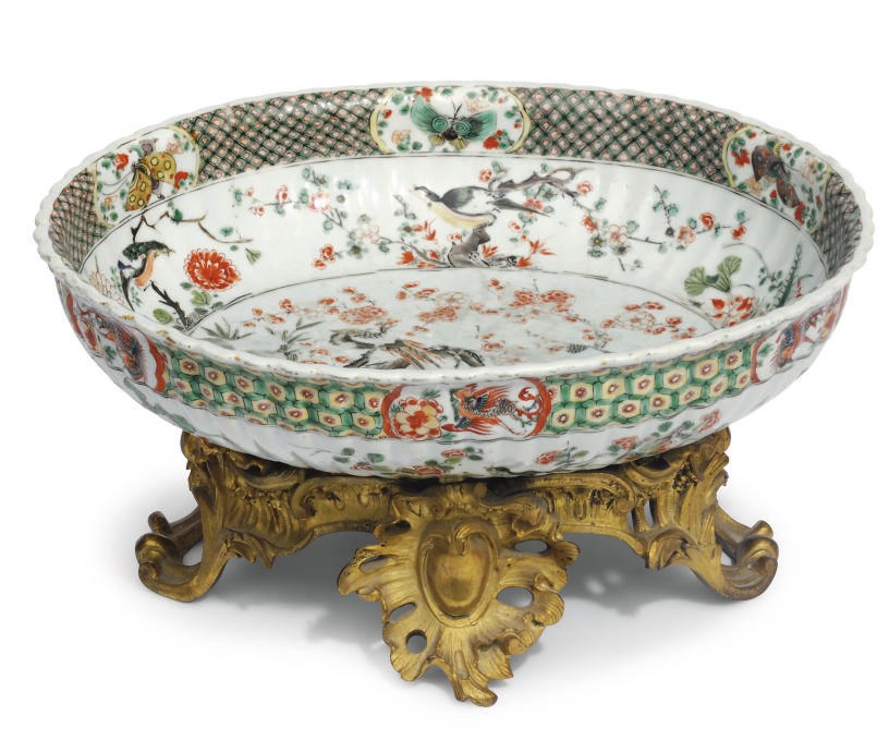 A Chinese ormolu mounted famille verte oval basin