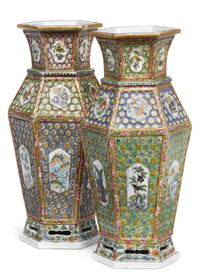 A pair of Cantonese famille rose hexagonal vases