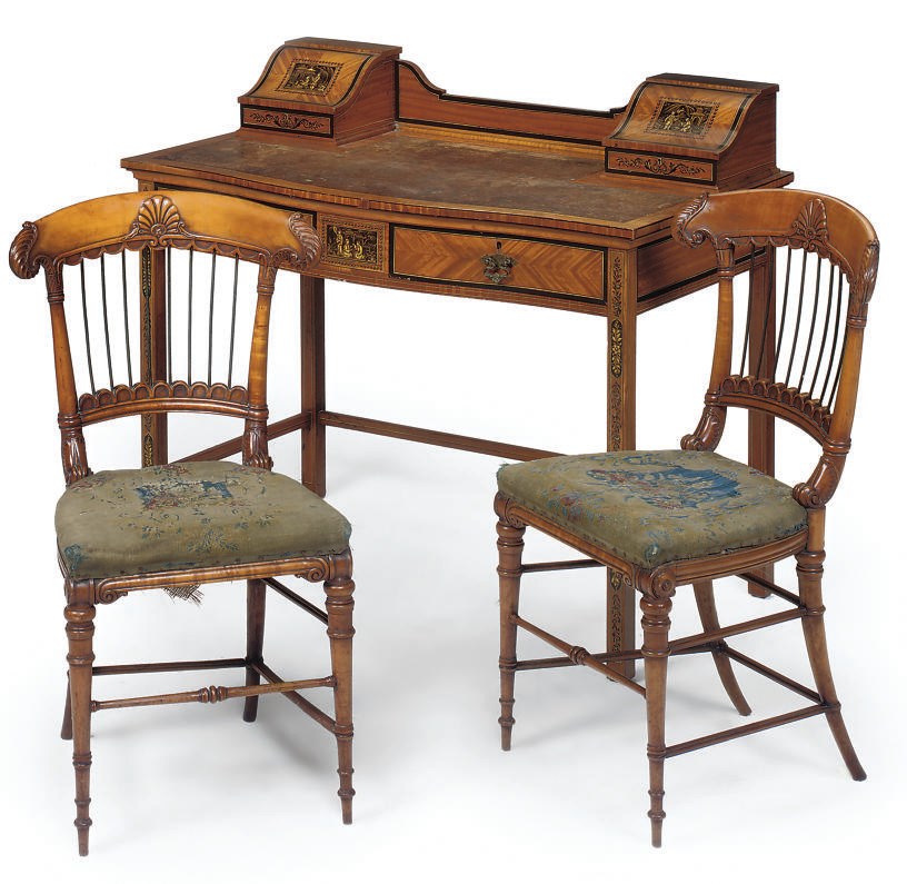 AN EDWARDIAN SATINWOOD AND JAPANNED WRITING DESK