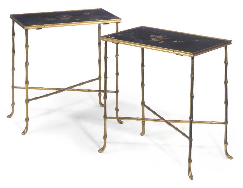 A PAIR OF BRASS AND LAC BURGAUTE OCCASIONAL TABLES