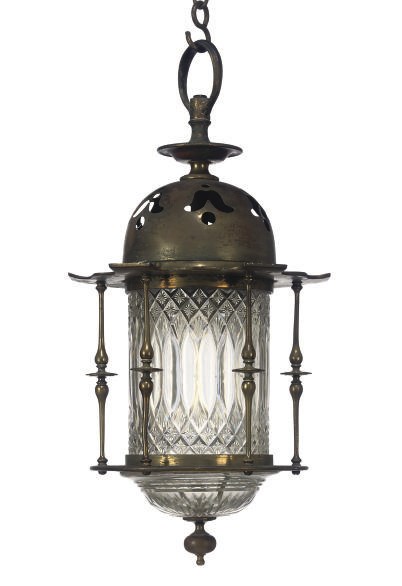 A LATE VICTORIAN BRASS AND CUT GLASS HANGING LANTERN