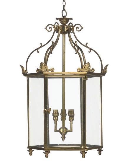 A HEXAGONAL BRASS HALL LANTERN