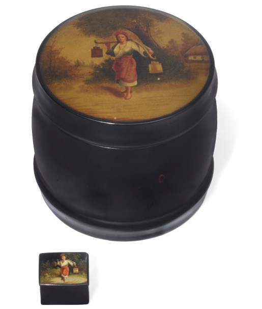 A RUSSIAN BLACK LACQUER AND PAINTED PAPIER MACHE TOBACCO BOX