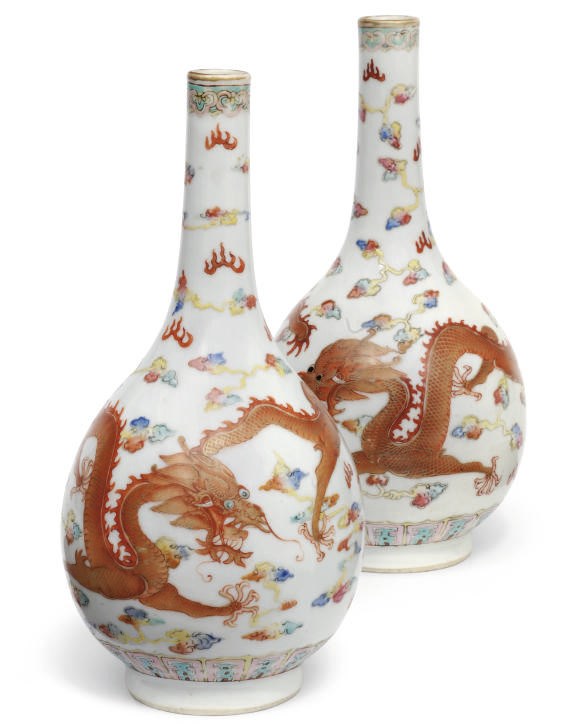 A pair of Chinese dragon bottle vases