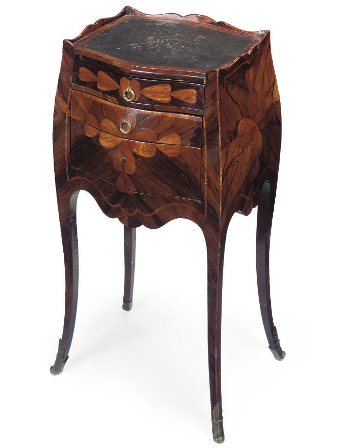 A NORTH ITALIAN PROVINCIAL ROSEWOOD, OLIVEWOOD AND TULIPWOOD MARQUETRY COMMODINO
