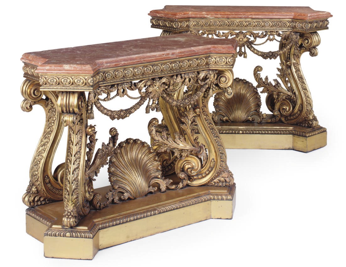 A PAIR OF GILTWOOD AND MARBLE CONSOLE TABLES