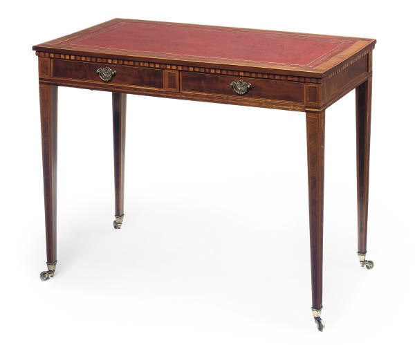 AN EDWARDIAN MAHOGANY AND SATINWOOD CROSSBANDED WRITING TABLE