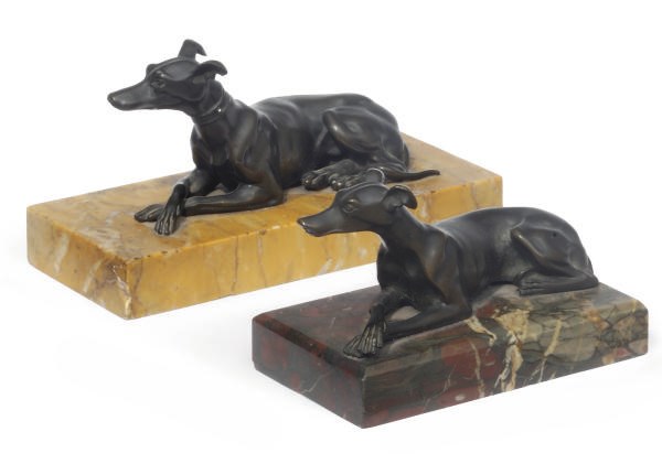 TWO REGENCY BRONZE MODELS OF SEATED GREYHOUNDS