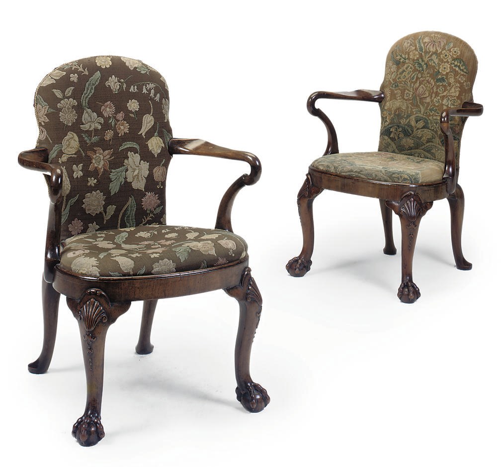 A PAIR OF WALNUT ARMCHAIRS