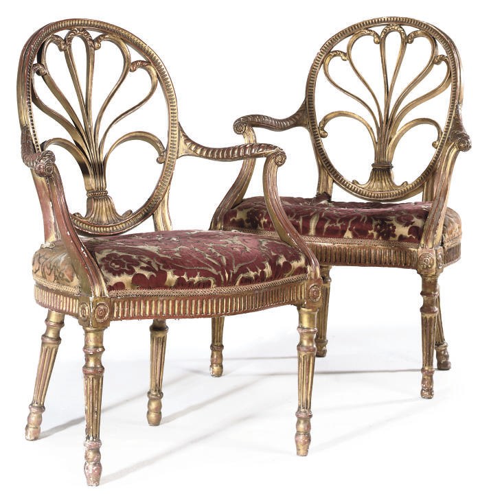 A GEORGE III GILTWOOD ARMCHAIR AND ANOTHER SIMILAR
