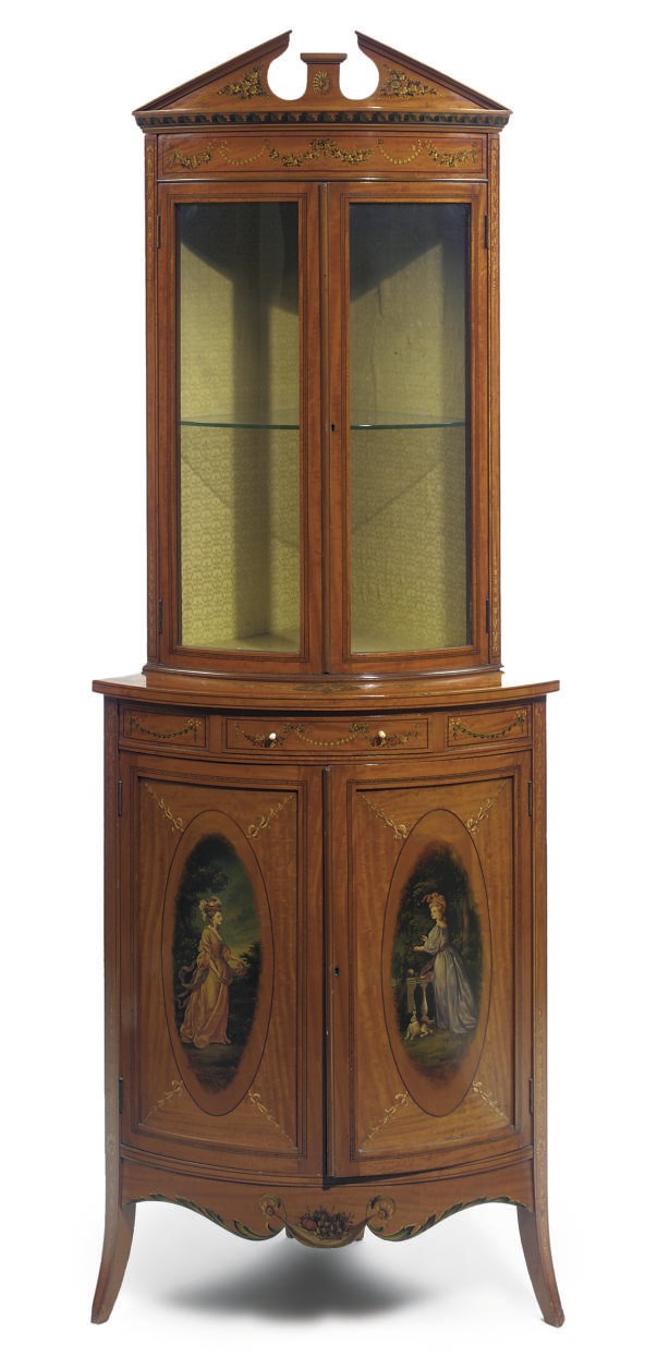 AN EDWARDIAN SATINWOOD AND PAINTED CORNER CABINET