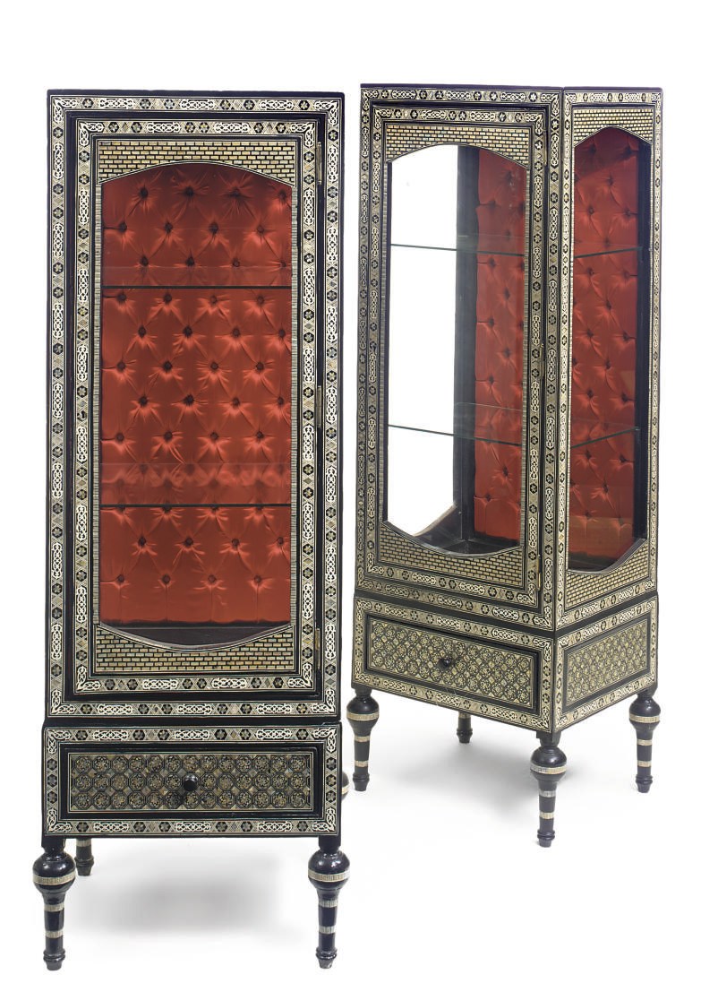 A PAIR OF MOTHER-OF-PEARL INLAID AND DECORATED EBONISED DISPLAY CABINETS