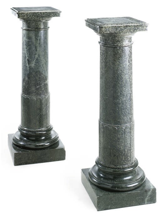 A PAIR OF ITALIAN VERDE ANTICO PEDESTAL COLUMNS
