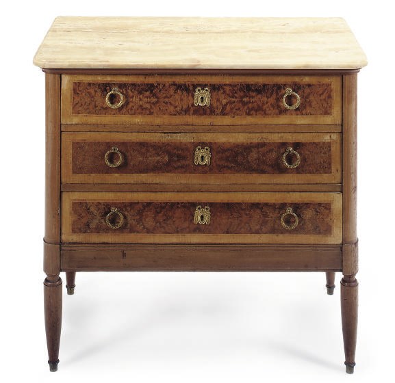 A NORTH EUROPEAN MAHOGANY, BURR AND TULIPWOOD CROSSBANDED COMMODE