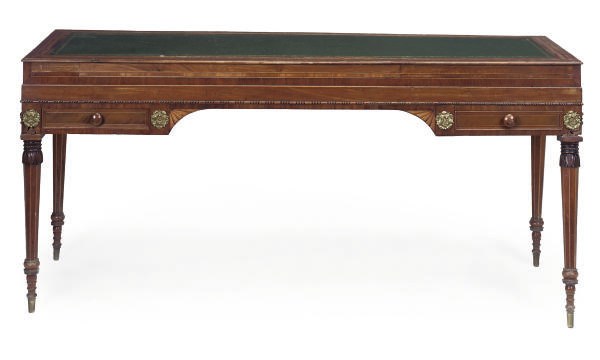 A GILT METAL MOUNTED MAHOGANY, WALNUT AND FRUITWOOD WRITING TABLE
