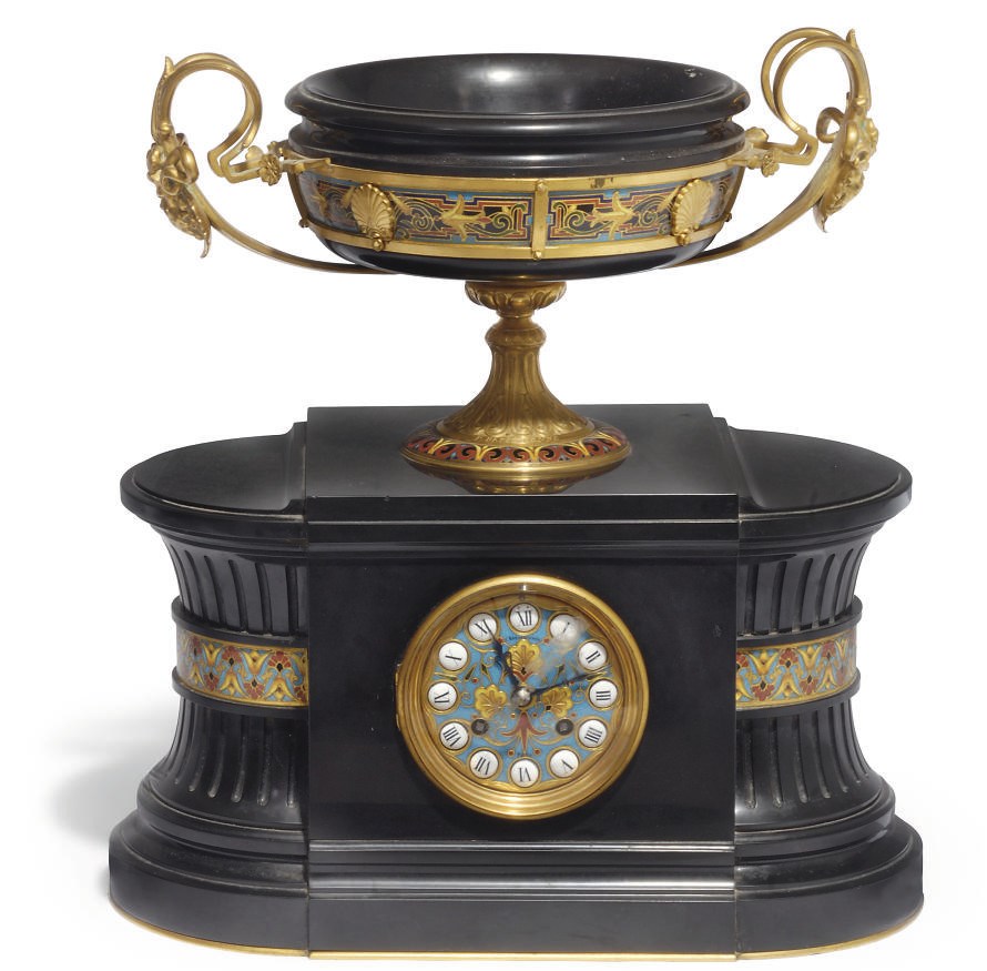 A FRENCH BLACK MARBLE AND CLOISSONE ENAMEL MANTEL CLOCK