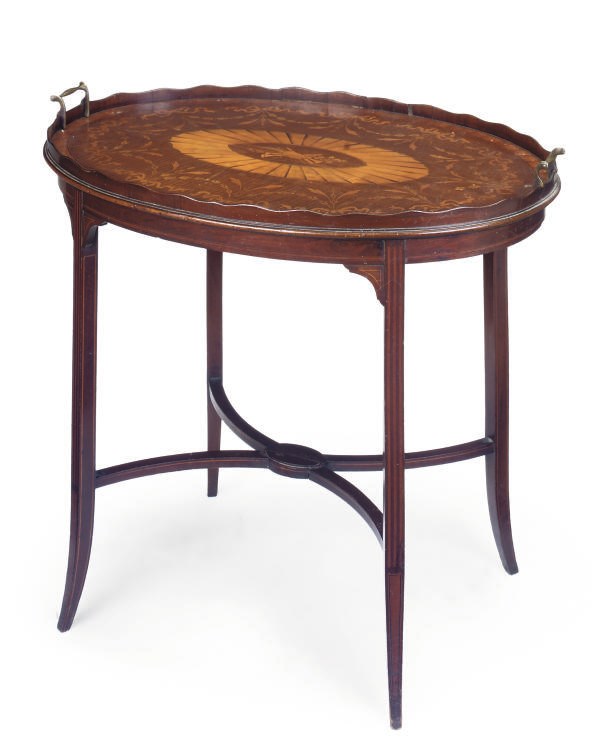 AN EDWARDIAN MAHOGANY AND MARQUETRY TRAY TOP OCCASIONAL TABLE