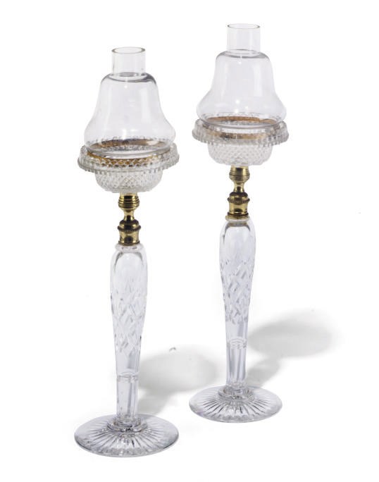 A PAIR OF GLASS CLARKE'S CRICKLITE TABLE LAMPS