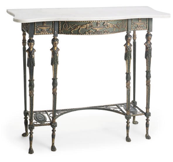 A FRENCH CAST-IRON AND BRASS CONSOLE TABLE