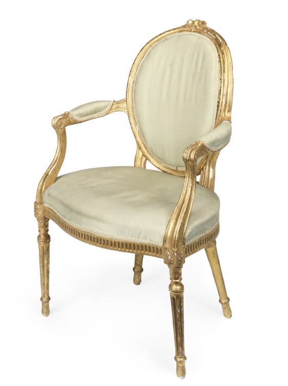 A GEORGE III GILTWOOD OPEN ARMCHAIR
