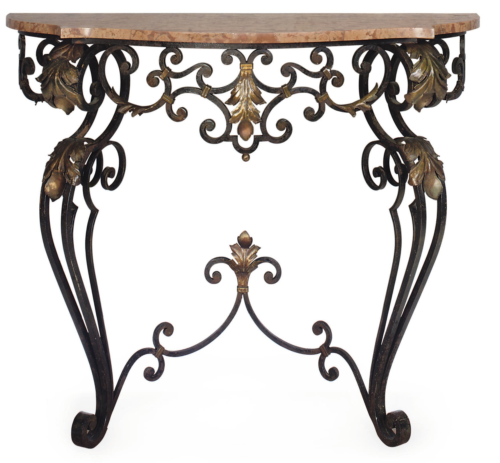 A WROUGHT IRON AND MARBLE CONSOLE TABLE