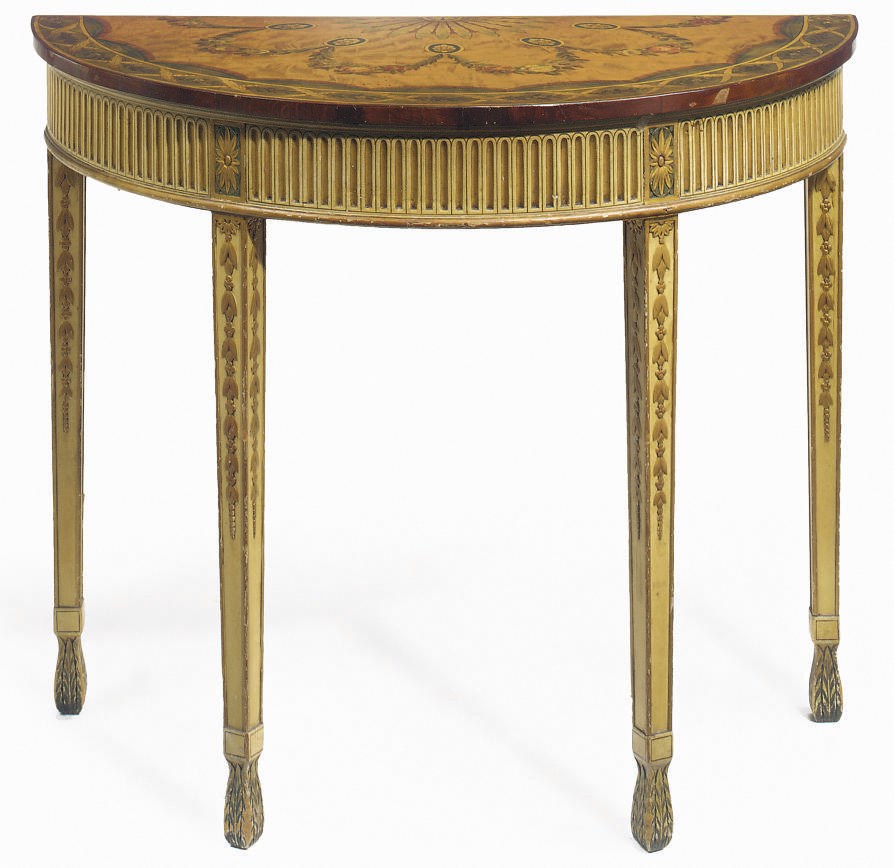 A PAINTED AND PARCEL GILT DEMI LUNE SIDE TABLE