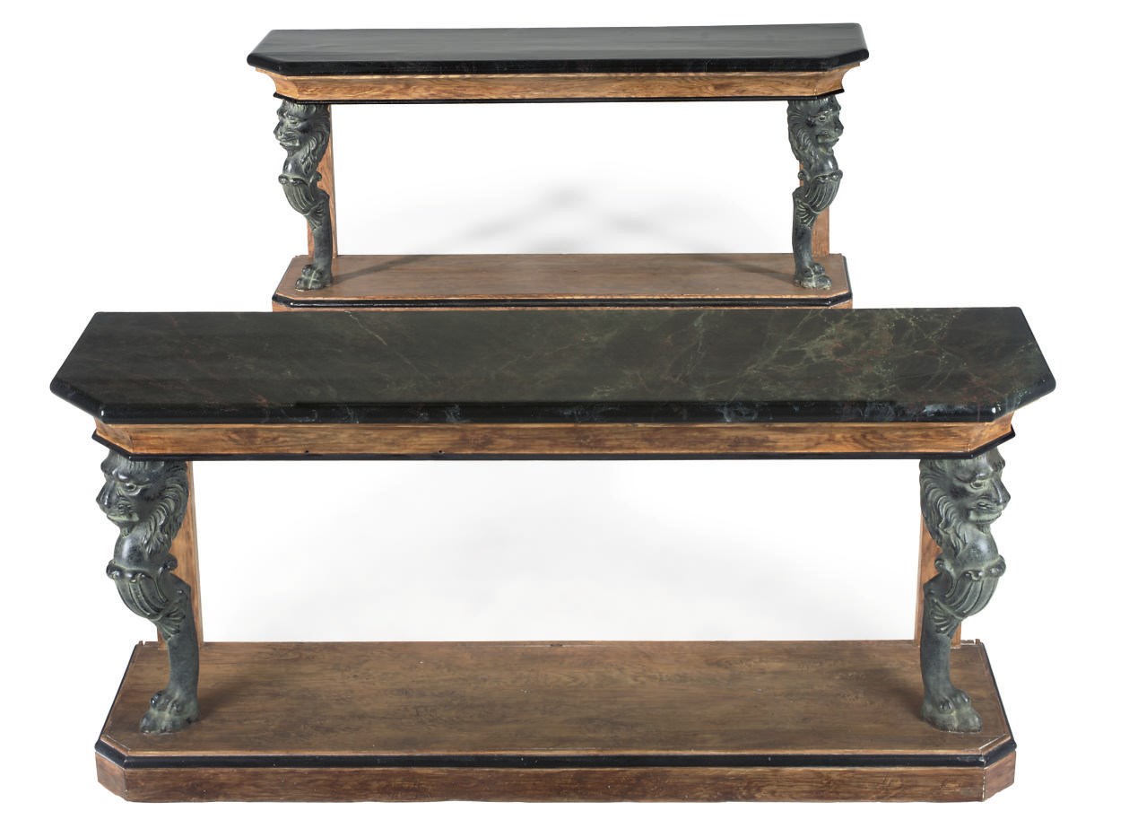 A PAIR OF PAINTED AND CAST IRON CONSOLE TABLES