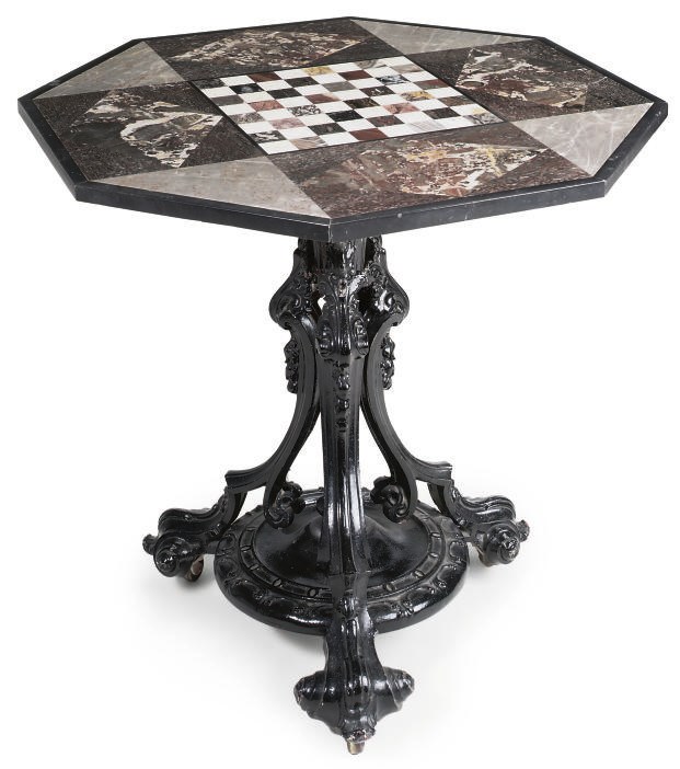 A CAST-IRON AND SPECIMEN MARBLE OCCASIONAL TABLE