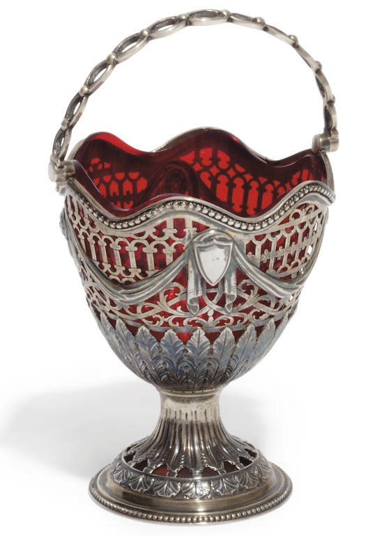 A GEORGE III SILVER SWING-HANDLED SUGAR BASKET