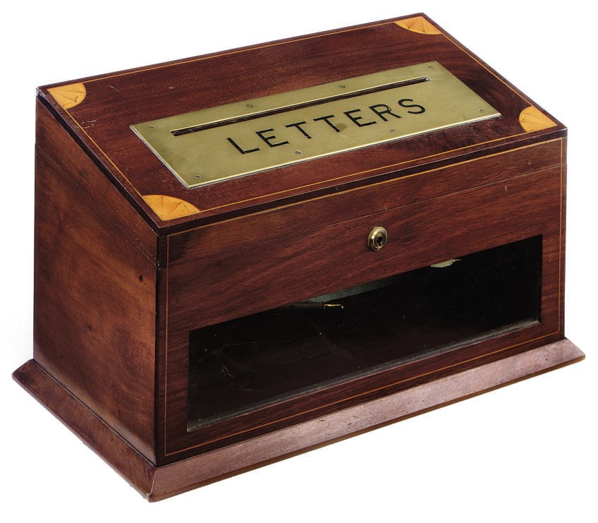 AN EDWARDIAN MAHOGANY INLAID LETTER BOX