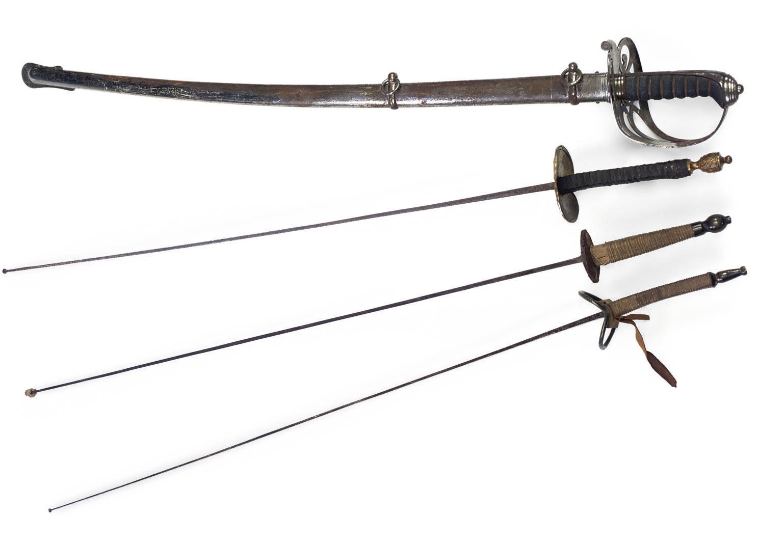 A VICTORIAN RIFLE REGIMENT OFFICER'S REGULATION SWORD; AND THREE FENCING FOILS