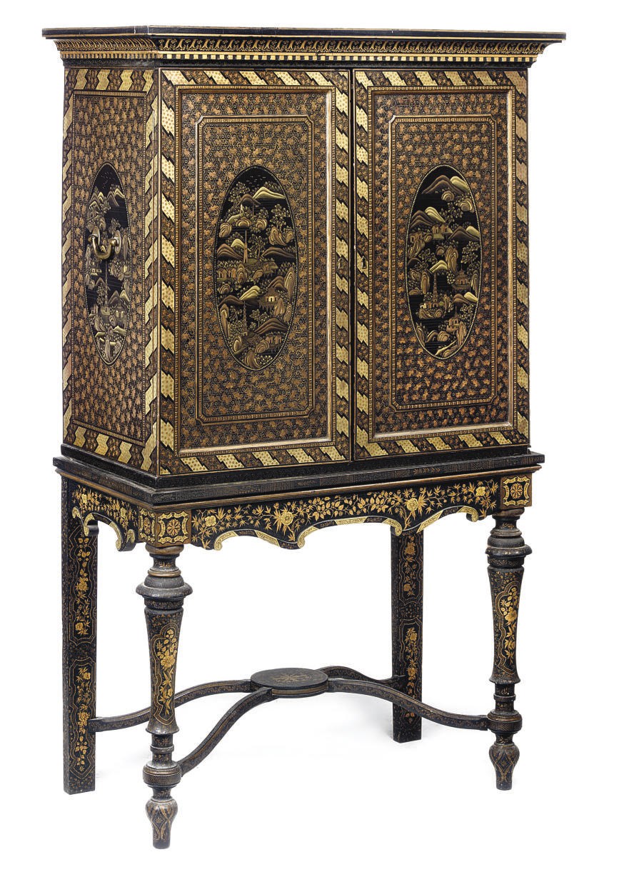 A CHINESE EXPORT BLACK AND GOLD LACQUER CABINET-ON-STAND