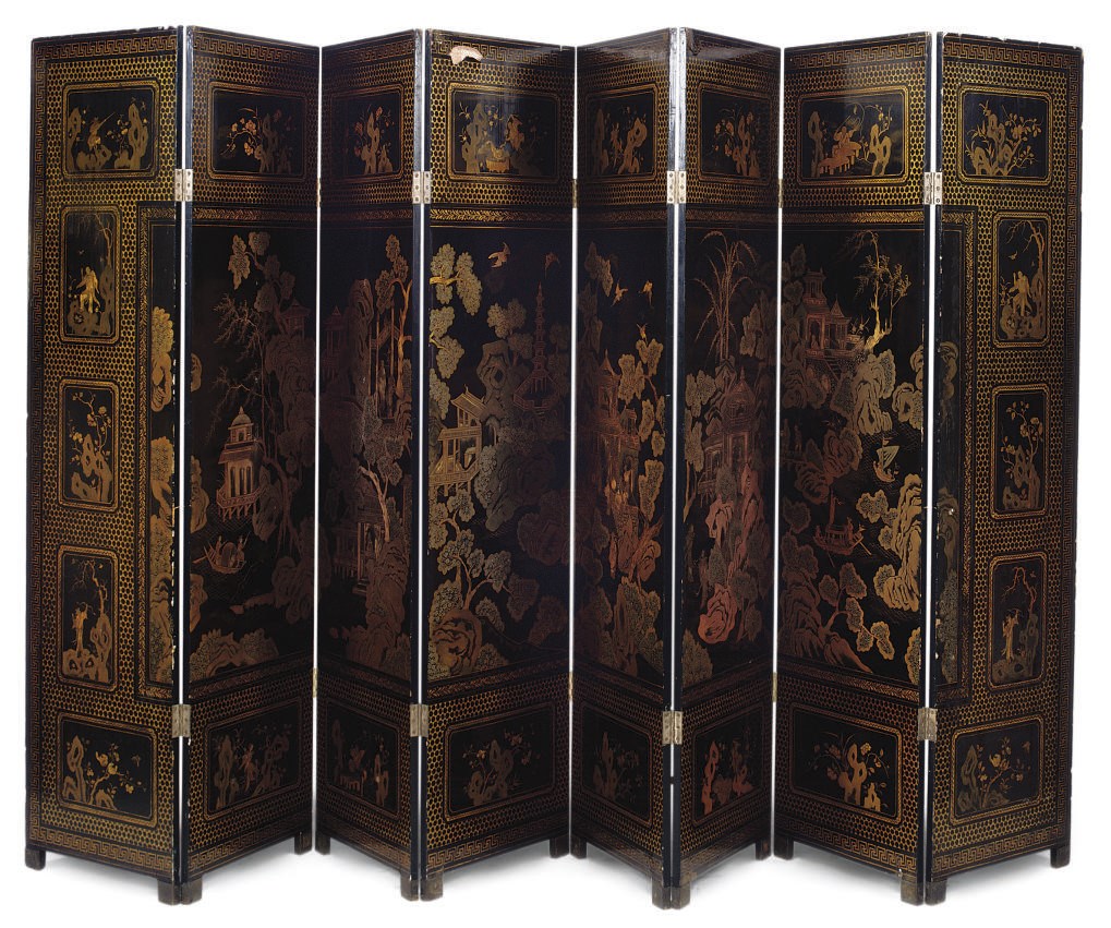 A CHINESE EXPORT BLACK AND GOLD LACQUER EIGHT-LEAF SCREEN