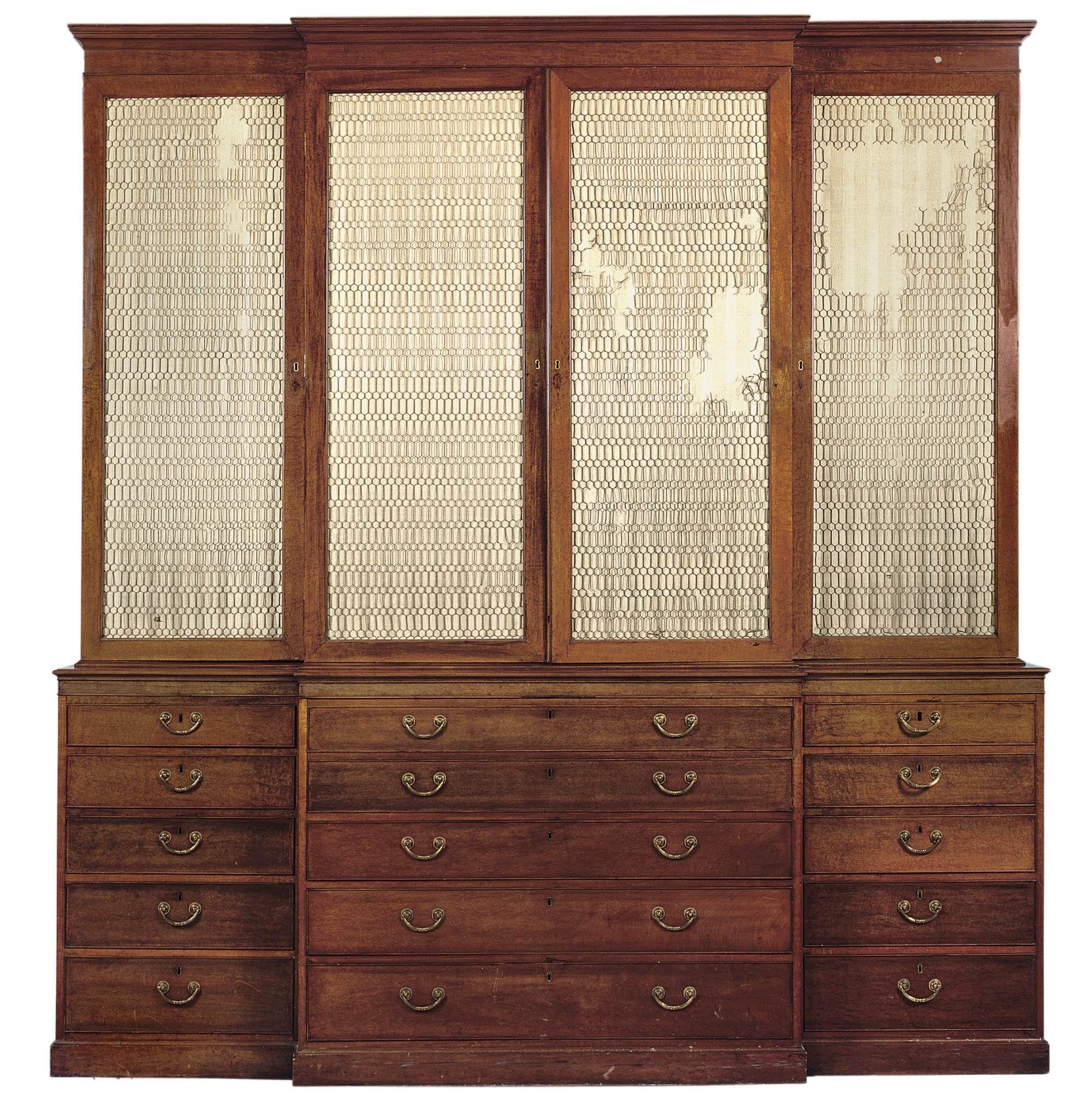 A GEORGE III MAHOGANY AND PLUM PUDDING MAHOGANY BREAKFRONT SECRETAIRE BOOKCASE