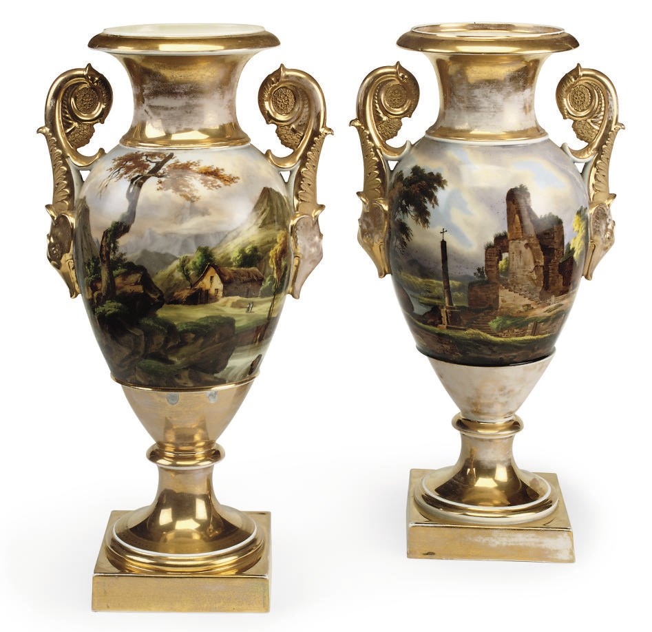 A PAIR OF PARIS PORCELAIN TWO-HANDLED VASES