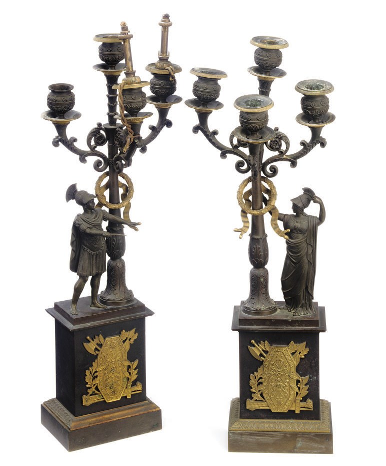 A PAIR OF RESTAURATION ORMOLU AND BRONZE FIGURATIVE FOUR LIGHT CANDELABRA