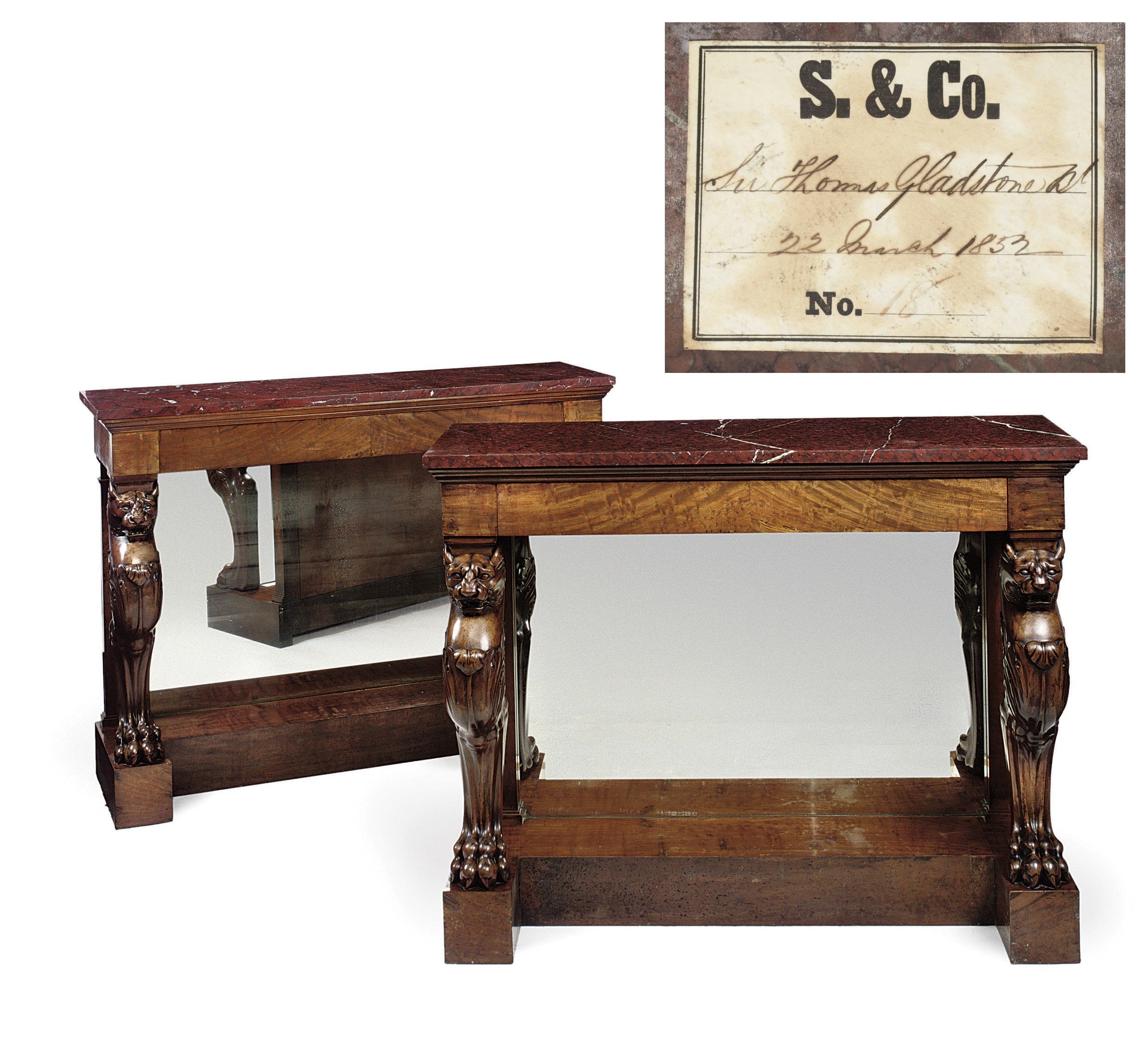 A PAIR OF RESTAURATION CARVED MAHOGANY PIER TABLES