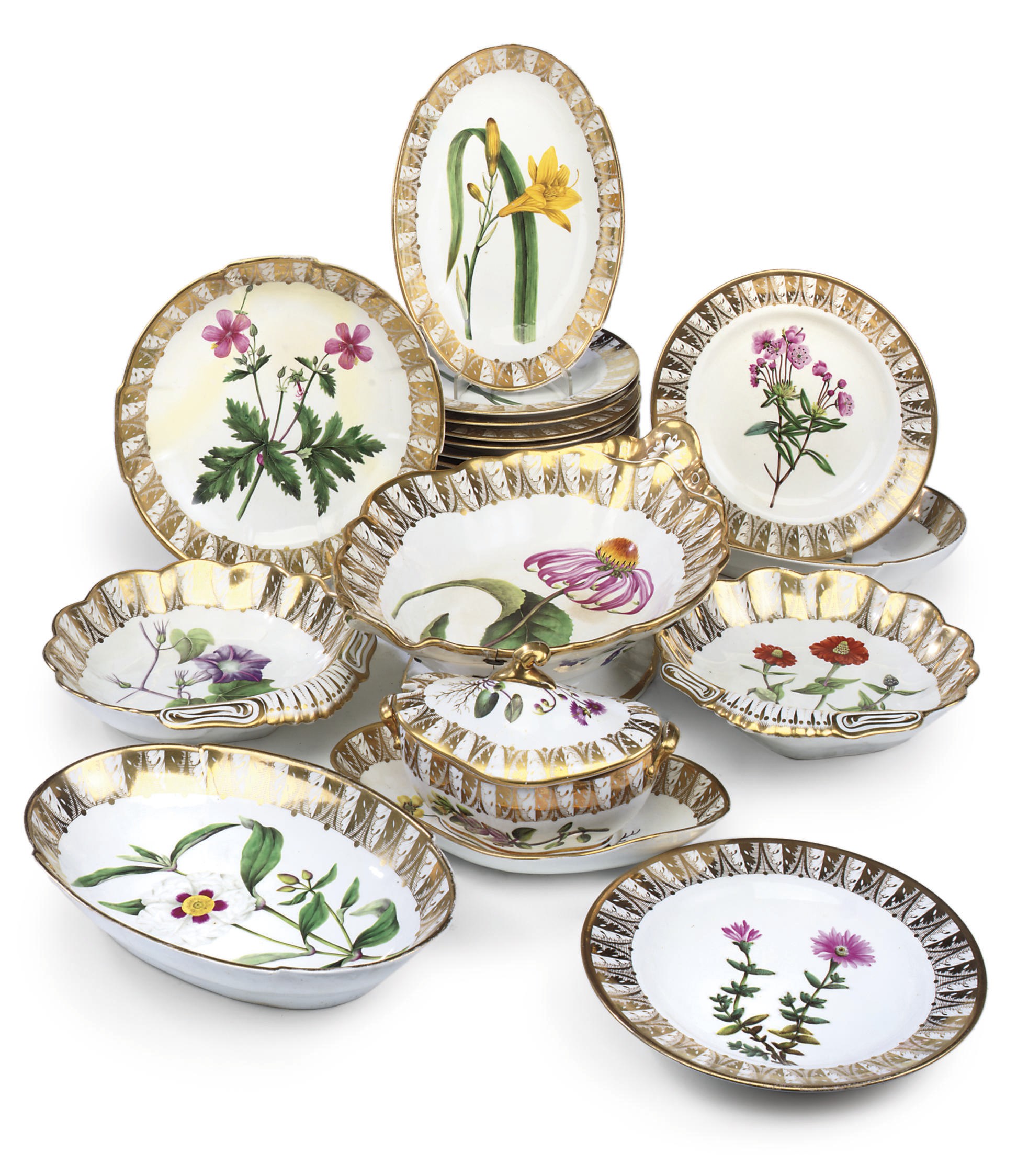 A SPODE PORCELAIN BOTANICAL PART DESSERT-SERVICE