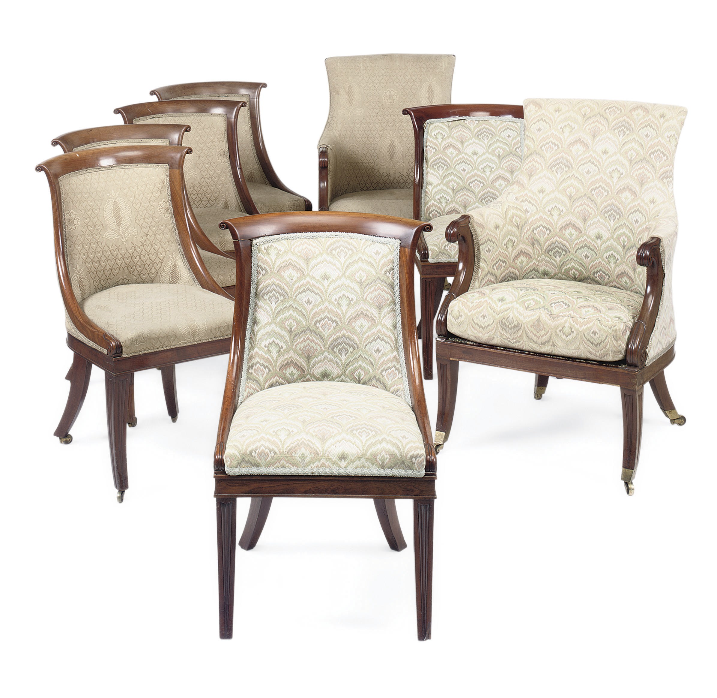 A SET OF EIGHT LATE REGENCY MAHOGANY CURRULE FORM CHAIRS